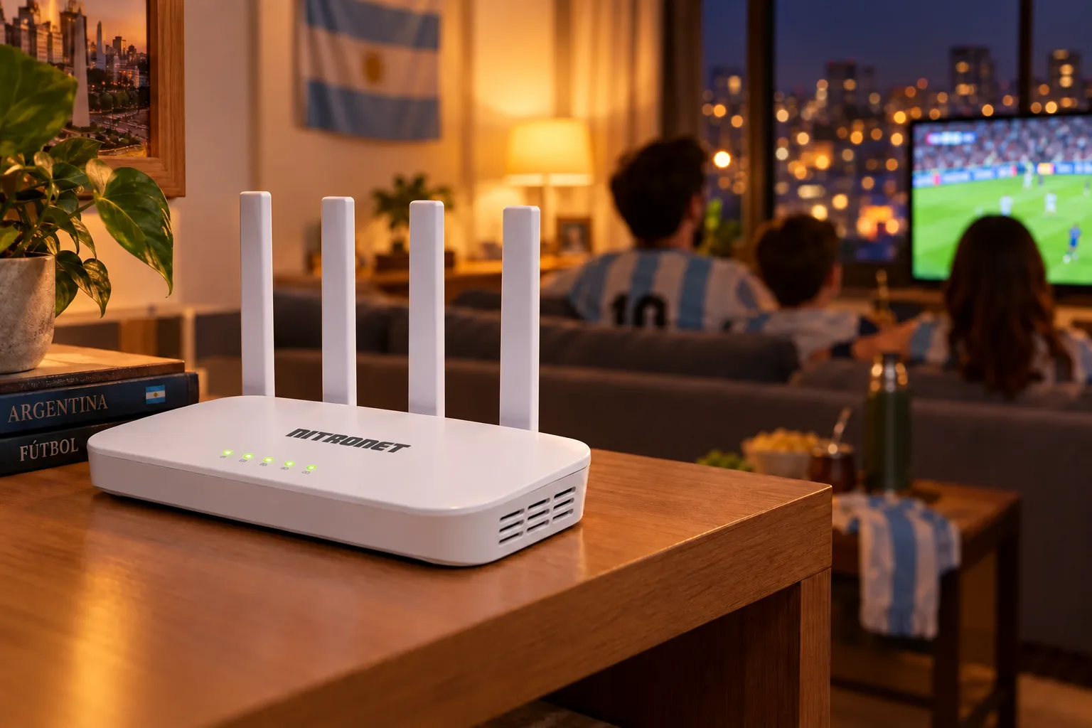Equipo de fibra óptica VSOL con Wi-Fi 6 y logo de NITRONET, con una familia mirando un partido de fútbol
